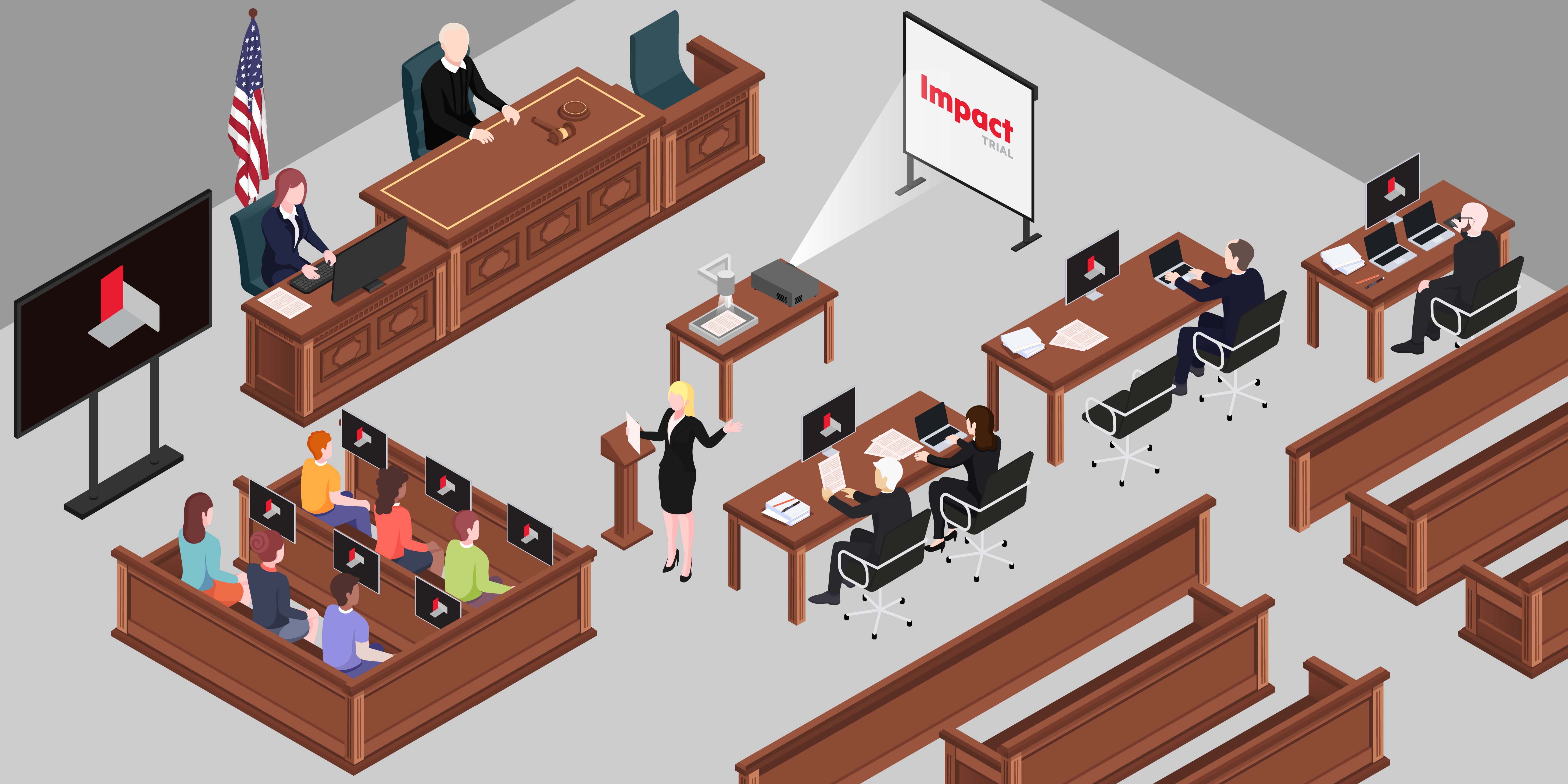 Artist 2D depiction of Impact tech in courtroom