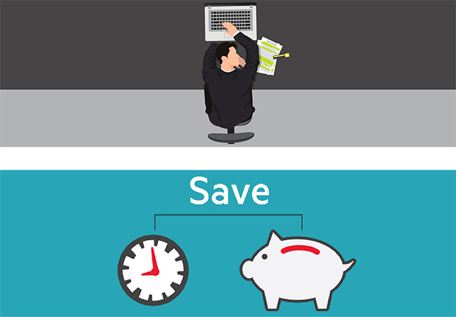 Drawing of sleeping worker at desk and piggybank representing time savings